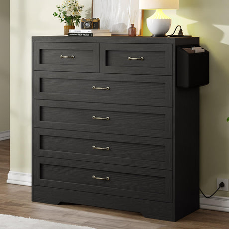 DWVO Black 6 Drawer Dresser, 31.5" W Large Vintage Double Dresser Chest of Drawers with Charging Station and Side Organizer Bag, Wood Storage Dresser with Retro Metal Handle for 300lbs for Hallway DWVO