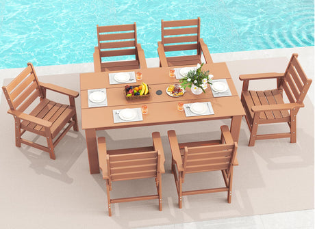 GREENVINES 7-Piece Outdoor Dining Set | HDPE | Patio Table and Chairs Sets for 6 | Patio Furniture | All Weather | Umbrella Hole | Teak | for Backyard Poolside Garden GREENVINES
