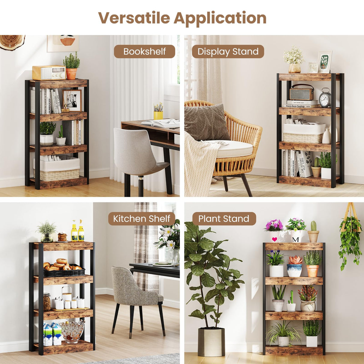 Giantex 4-Tier Bookshelf, Wooden Bookcase with Dual Anti-Tipping Kits, Freestanding Shelving Unit, Modern Storage Organizer, Open Display Rack for Living Room, Bedroom, Study (1,Rustic Brown & Black) Giantex