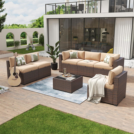 Aoxun 7 Piece Patio Furniture Set Wicker Rattan Patio Conversation Set Outdoor Sectional Sofa Set with Coffee Table and Thickened Cushions, Beige (Waterproof Cover Included) Aoxun