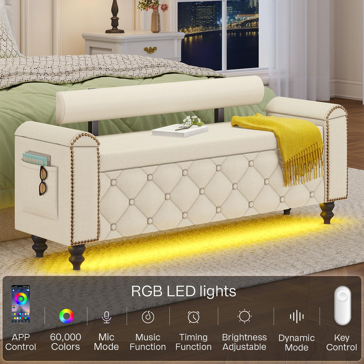 51" Ottoman with Storage, Storage Ottoman Bench with Upholstered Backrest, Tufted Entryway Bench with Curved Arm Support, End of Bed Bench with LED Lights, Storage Bench for Bedroom,Living Room,Beige Tagafi