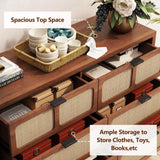 QEIUZON 6 Drawer Dresser, Modern Rattan Dresser Chest with Wide Drawers and Metal Handles, Farmhouse Wood Storage Chest of Drawers for Bedroom, Living Room, Entryway (Walnut-6 Drawers) QEIUZON
