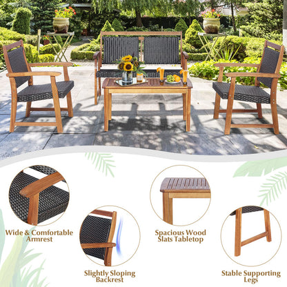 Tangkula 4 Pieces Patio Rattan Conversation Set with Acacia Wood Frame, Patiojoy Outdoor Furniture Set with Chairs & Coffee Table, Sectional Furniture Set for Garden, Backyard, Poolside