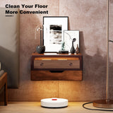 MUSSTUFIC Floating LED Nightstand, Smart Sensor Bedside Wall Mounted Wood Side End Table with 2 Storage Drawers for Bedroom Dorm Small Space, Dark Walnut (Walnut, 1 pcs) MUSSTUFIC