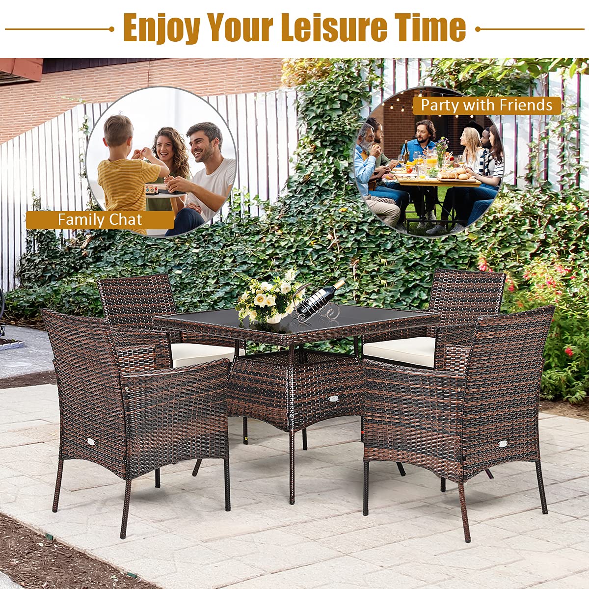 Tangkula 5 Pieces Wicker Patio Dining Set, Outdoor PE Rattan Chairs Table Set with 4 Seat Cushions, Patio Dining Furniture with Tempered Glass Tabletop, Suitable for Porch, Yard - WoodArtSupply