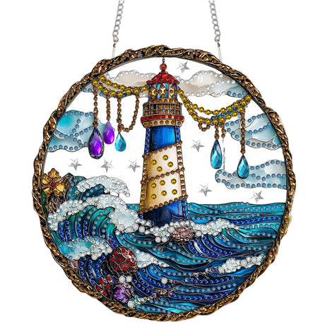 Diymood DIY Hanging Diamond Art Kits for Adults Lighthouse, Diamond Painting Kit Pendant Special Shaped Double Sided Acrylic Sun Catcher Board Wreath Pendants Canvas Window Wall Decor 8 x 8 Inch Diymood