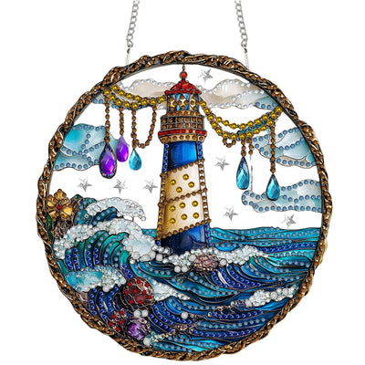 Diymood DIY Hanging Diamond Art Kits for Adults Lighthouse, Diamond Painting Kit Pendant Special Shaped Double Sided Acrylic Sun Catcher Board Wreath Pendants Canvas Window Wall Decor 8 x 8 Inch