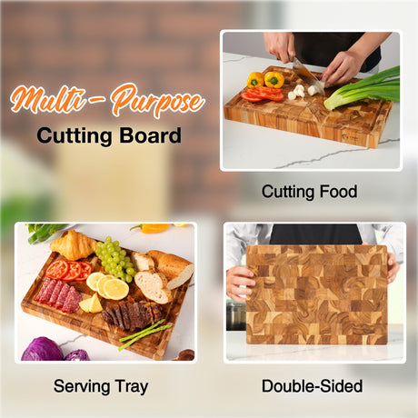 Chef Studio Large Teak Wood Cutting Board, End Grain Butcher Block Cutting Board For Kitchen, Big Wooden Kitchen Carving Chopping Boards, Juice Groove, Reversible, Hand Grips, Size 15.8x11x1.37 inch Chef Studio