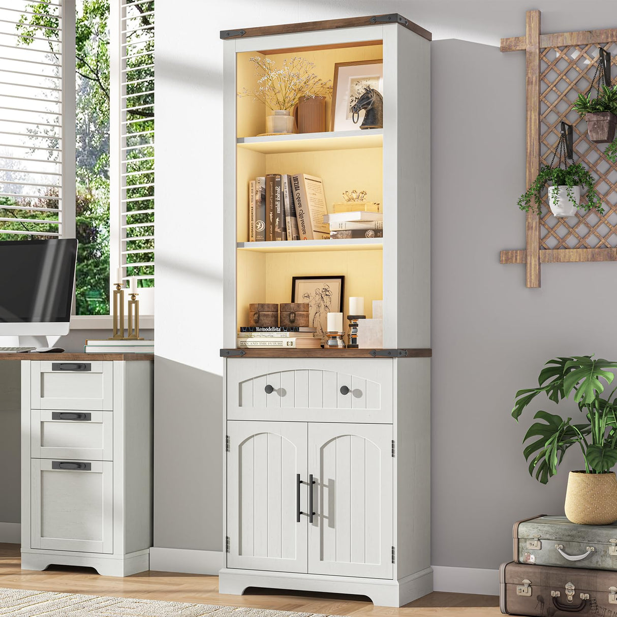 Vabches Farmhouse Bookshelf with Storage Cabinet, 70" Tall Bookcase with Adjustable Shelves and Drawers, 3 Tier Wood Display Storage Cabinet with Doors for Home Office, Living Room, Rustic White Vabches