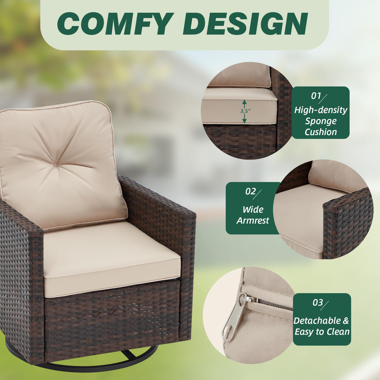 AVAWING 5 Pieces Patio Furniture Set, Wicker Swivel Rocking Chairs with 2 Ottomans and 1 Side Table, Patio Conversation Set w/Waterproof Cushions for Garden, Balcony and Porch, Beige AVAWING