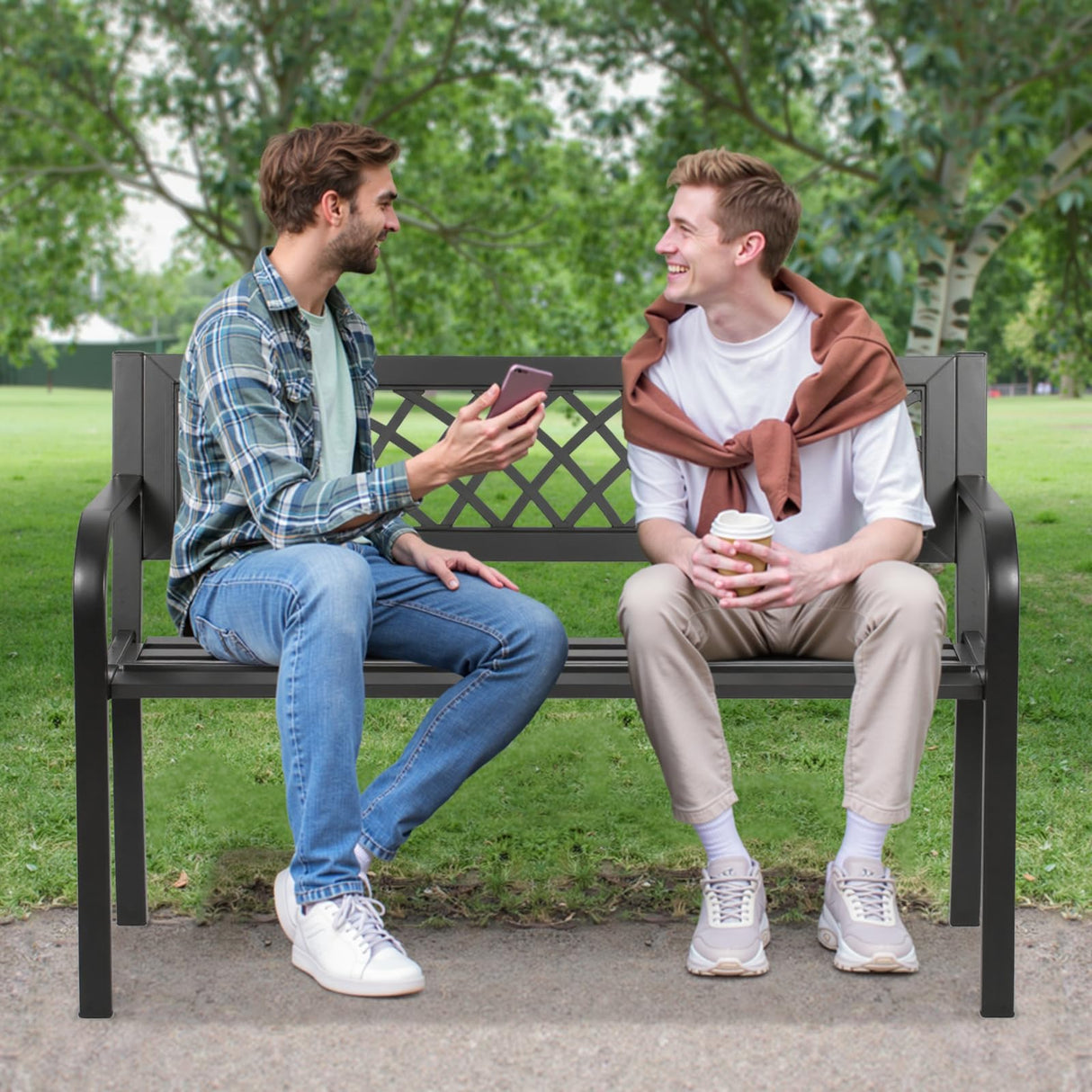 BSTOPHKL Outdoor Bench,Patio Garden Benches,Metal Weatherproof Porch Bench with Grid-Patterned Backrest and Armrest for Park Courtyard Porch,Bearing Capacity 480lbs,Black BSTOPHKL