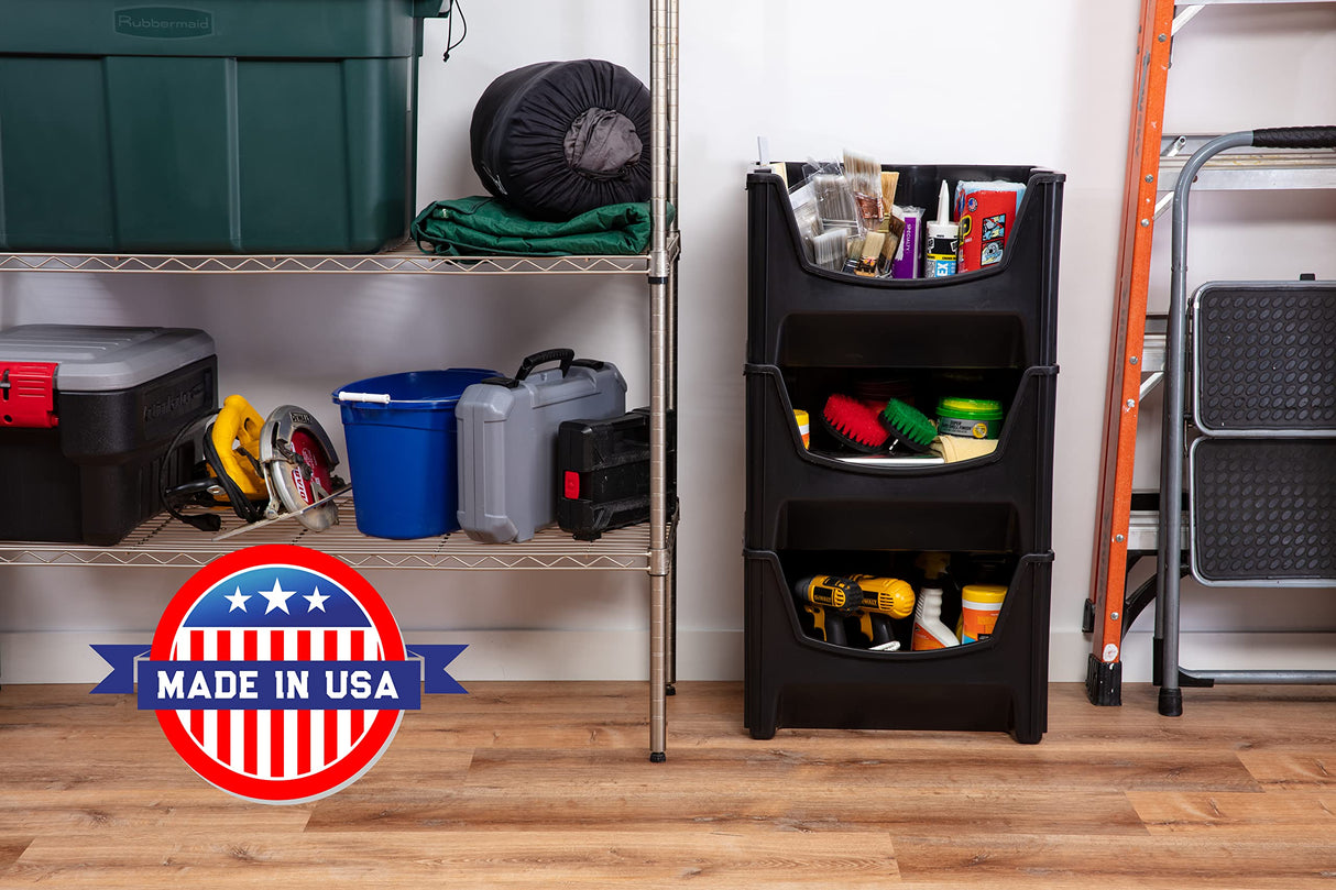 Mighty Tuff Jumbo Stackable Storage Bins, Pack of 3, Easy-Access Storage, Large Easy-To-Grip Handles, Wide Front Opening, Interlocking, Stack Vertically, Black Mighty Tuff
