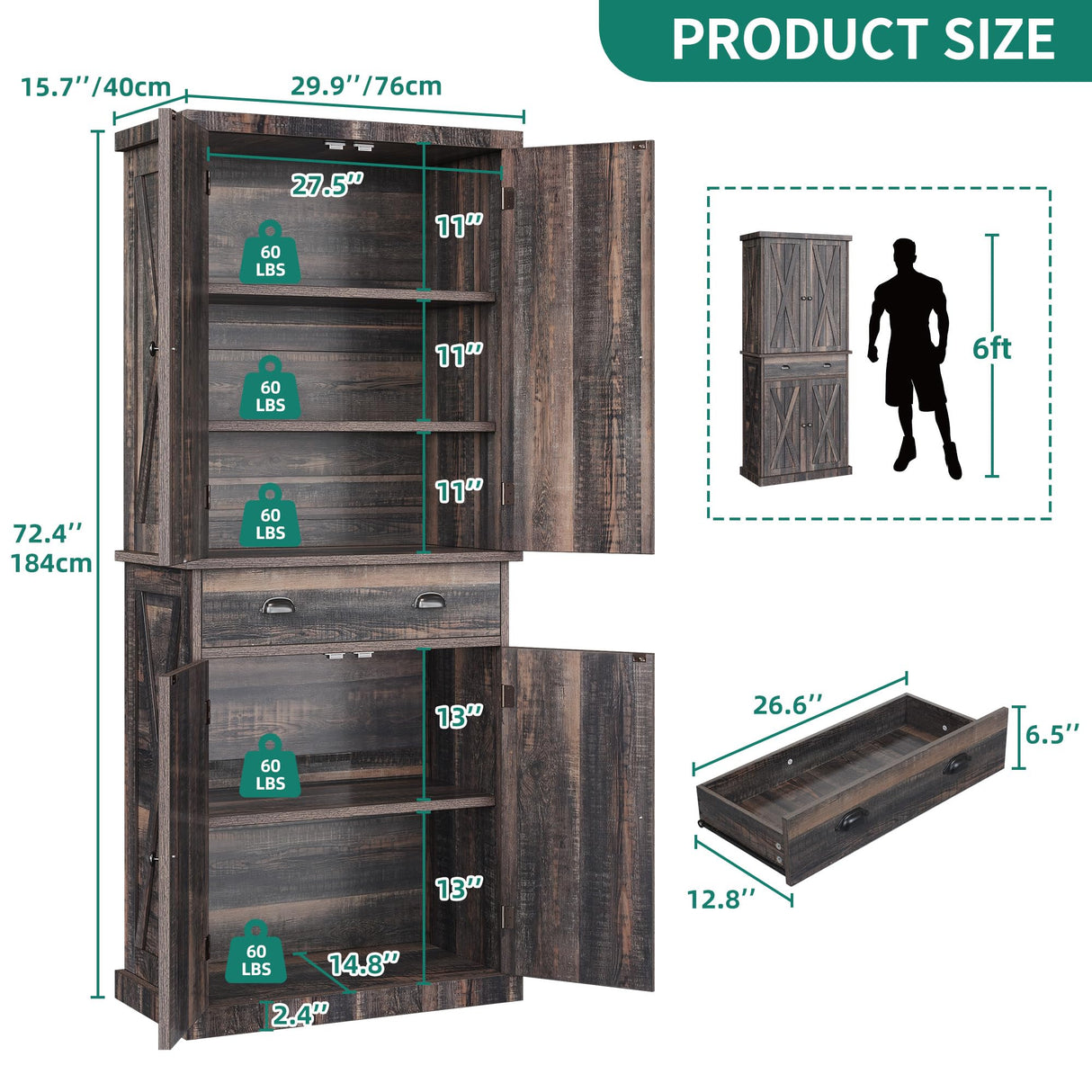 YITAHOME 72'' Farmhouse Kitchen Pantry, Wood Kitchen Storage Cabinets with Drawer and Adjustable Shelves, Kitchen Versatile Storage for Kitchen, Dining Room, Living Room, Dark Rustic Oak YITAHOME