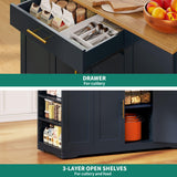 YITAHOME 53 inch Large Rolling Kitchen Island with Trash Can Storage Cabinet, Portable Mobile Islands Table Long Floating Movable w Wheels Cabinet for 13 Gallon Garbage Bin 2 Drawer, Navy Blue YITAHOME