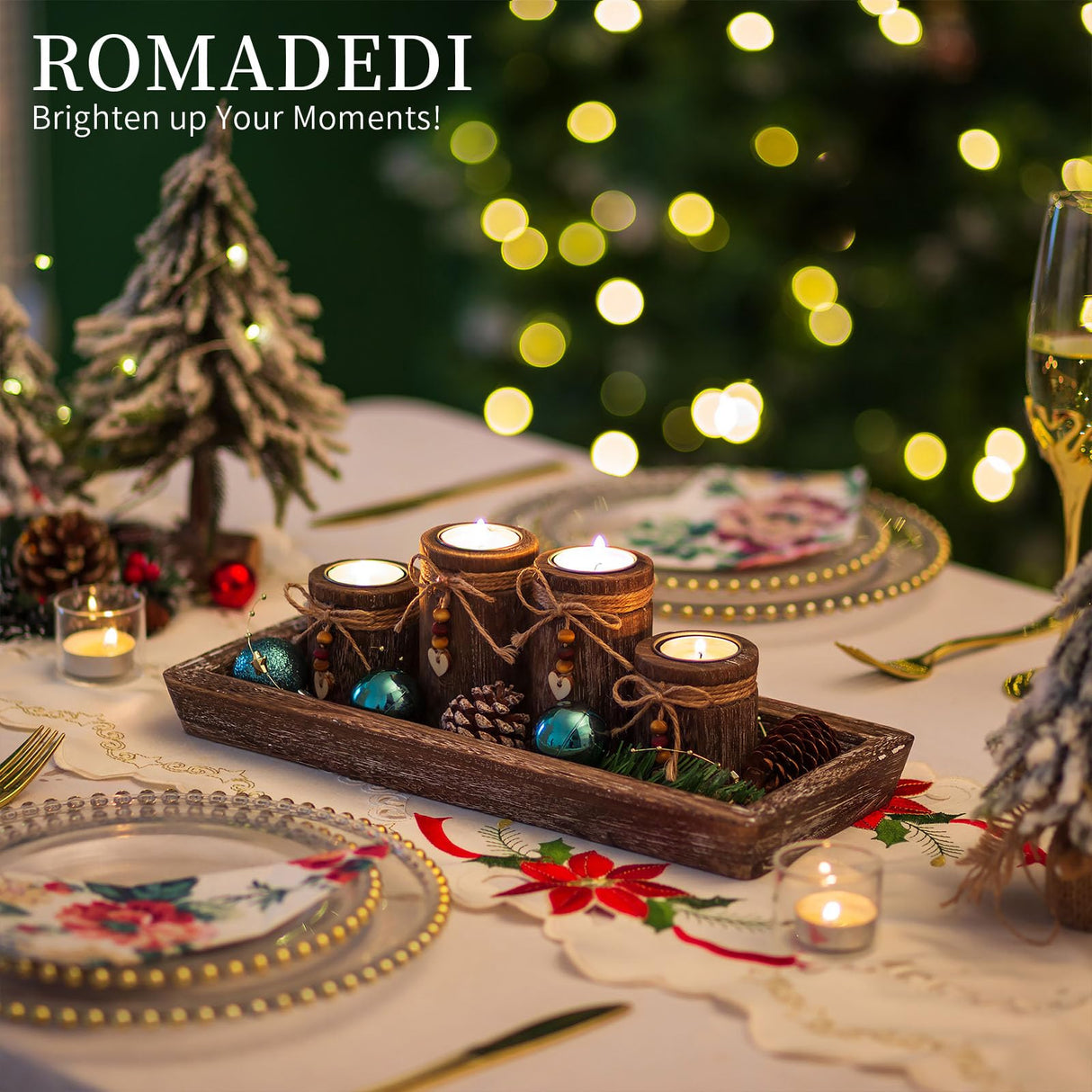 Farmhouse Coffee Table Decor Candle Holder - Romadedi Boho Wooden Tray with 4 Tealight Candles Holders for Tables Centerpiece Home Decorations Living Room Fireplace Kitchen Romadedi