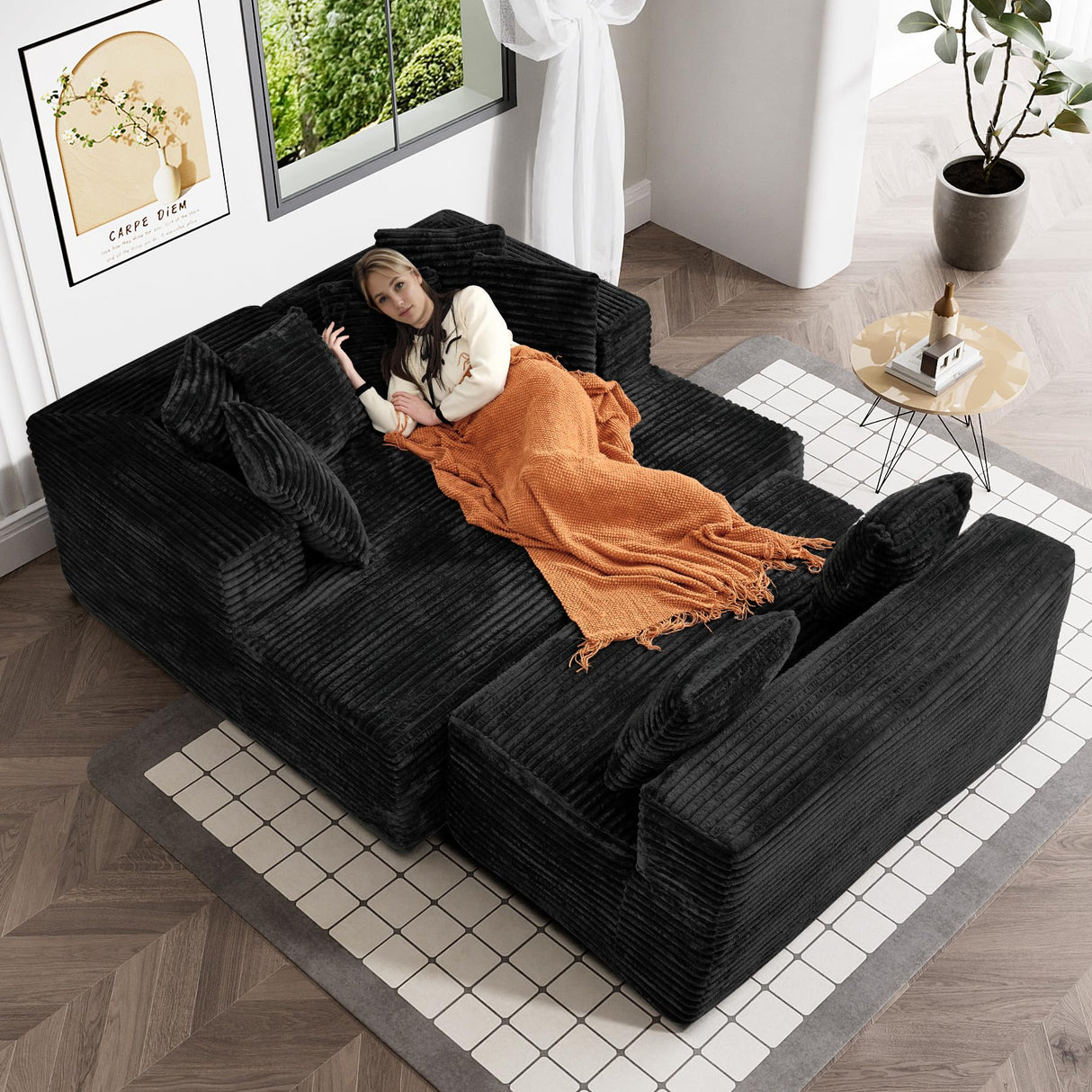 ONEMMLION Modular Sectional Sofa Cloud Couch, 131" Black Boneless Couches for Living Room, Comfy Deep Seat Plush Corduroy Sofa, Modern Fluffy Memory Foam U Shape Sectional Couch with Chaise Lounge ONEMMLION