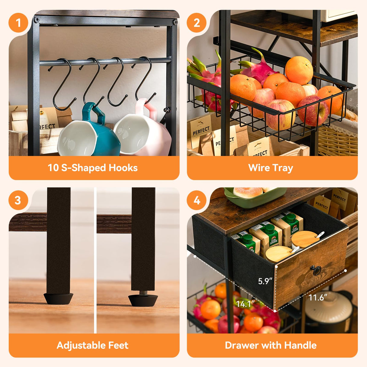 Artswish 72" Bakers Rack with Power Outlet, 8-Tier Freestanding Baker Racks Microwave Stand with Drawer, Coffee Bar Station with Basket and 10 S Hooks, Kitchen Appliance Shelves Rack, Rustic Brown Artswish