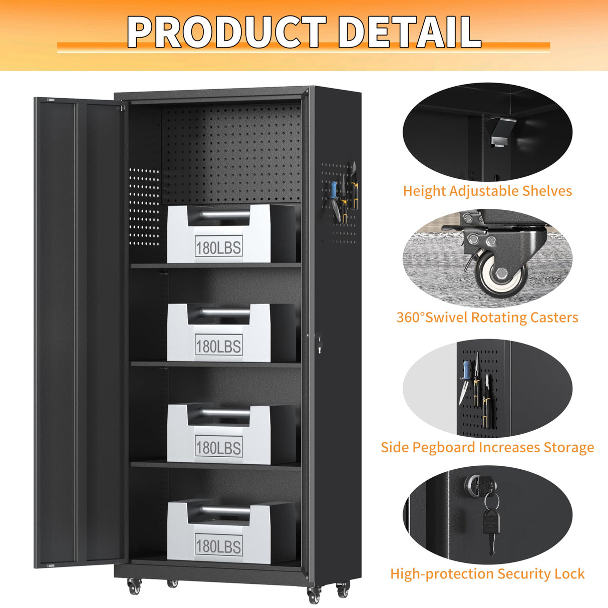 Metal Garage Storage Cabinet with Wheels, 71"H Tool Storage Cabinet with Doors and Adjustable Shelves, Locking Garage Cabinets and Storage System for Utility Home, Warehouse, Workshop, Basement PIYAZEE