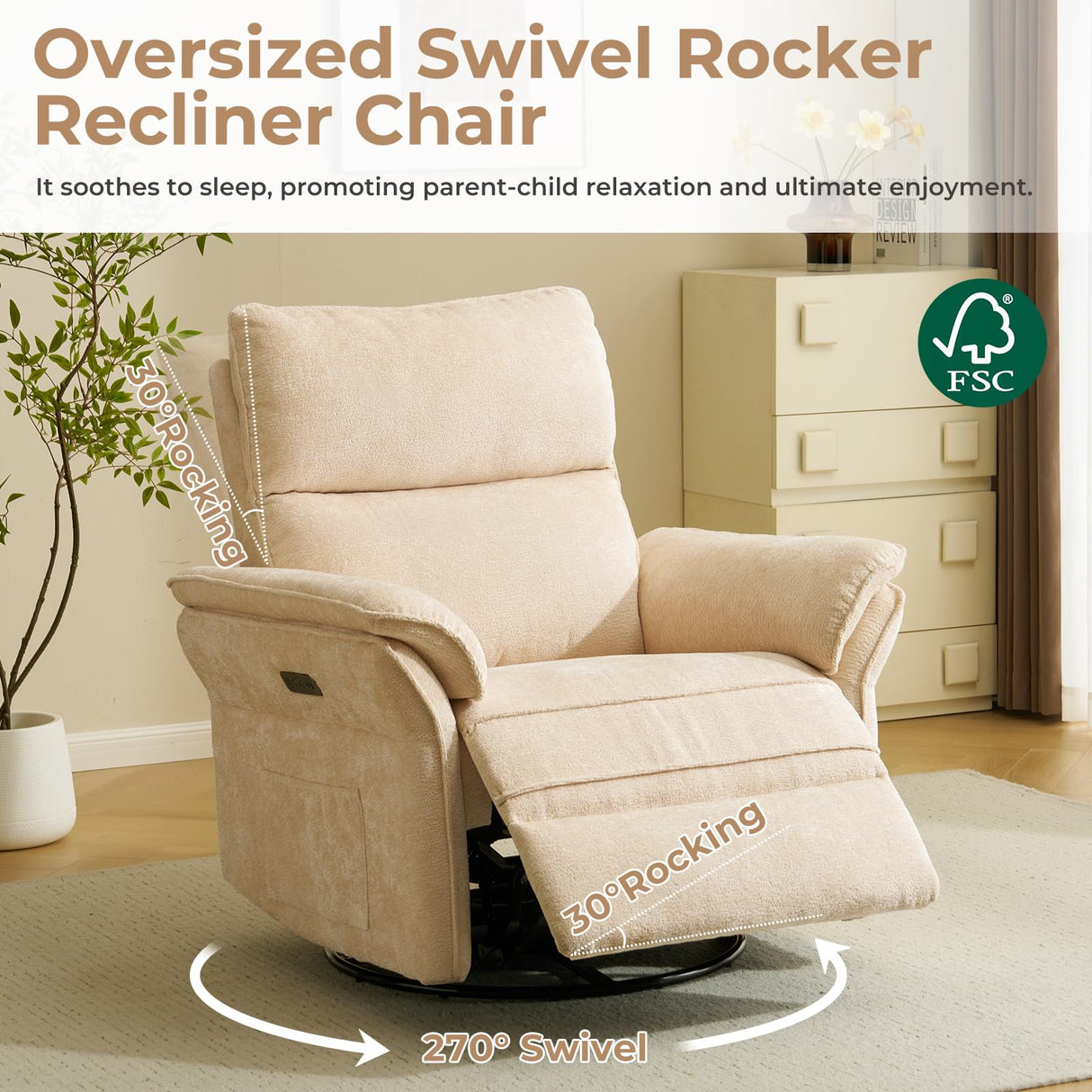 Oversized Power Recliner Chairs for Adults with Massage and Heat, Power Swivel Rocker Recliner Chair with Adjustable Headrest, 26" Extra Wide Rocker Nursery Recliner with USB Port, Beige RUTOX