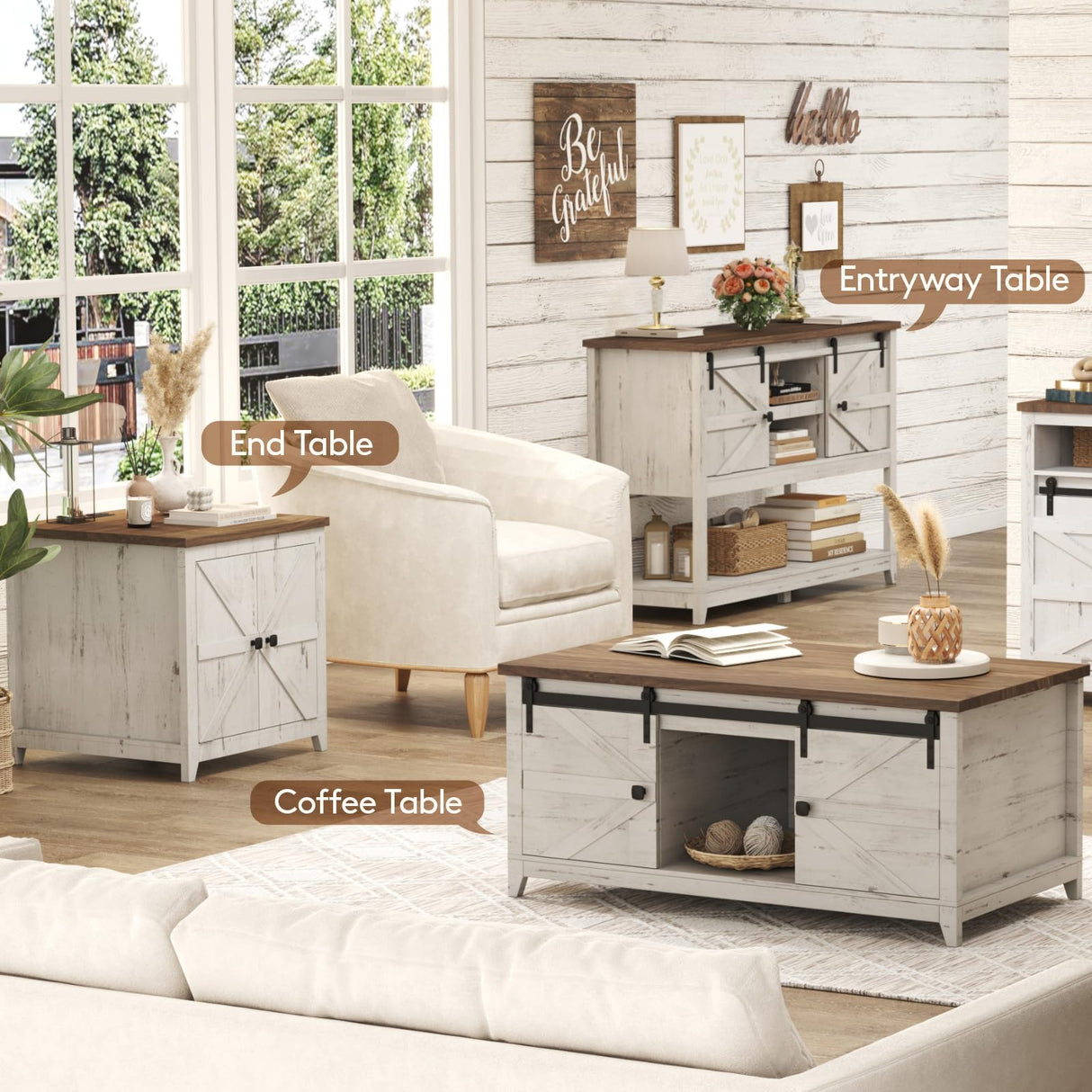 Lifewit Farmhouse End Table with Charging Station and USB Ports, 24" Large Tabletop Side Table with Double Barn Doors, Wood Square Nightstand for Living Room, Office, Bedroom, Rustic White Lifewit