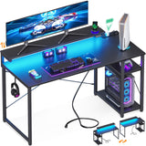 MOTPK Gaming Desk with Led Lights & Power Outlet, 47 Inch Gaming Computer Desk with Shelves, Reversible Gamer Desk Table with Adjustable Monitor Stand & Headphone Hook, Carbon Fiber Texture, Black MOTPK