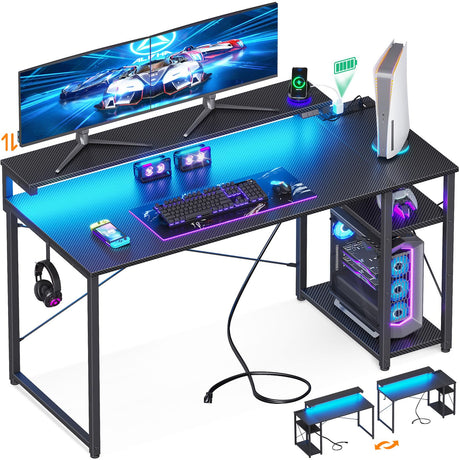 MOTPK Gaming Desk with Led Lights & Power Outlet, 47 Inch Gaming Computer Desk with Shelves, Reversible Gamer Desk Table with Adjustable Monitor Stand & Headphone Hook, Carbon Fiber Texture, Black MOTPK