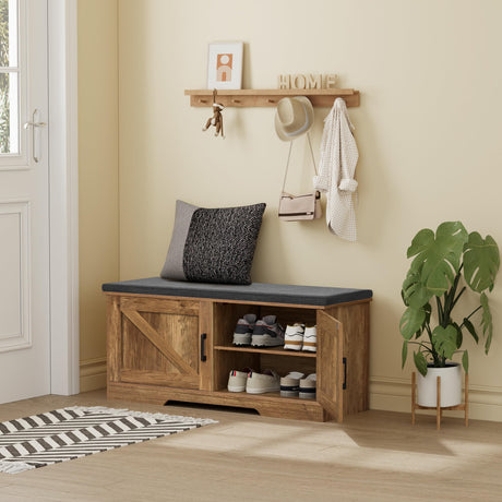 HOMSHO 2-Tier Storage Bench, Shoe Bench with Padded Seat Cushion, Entryway Bench with 2 Barn Doors, Adjustable Shelf, 13.8" D x 39.4" W x 17.7" H, for Entryway, Living Room, Bedroom, Rustic Walnut HOMSHO