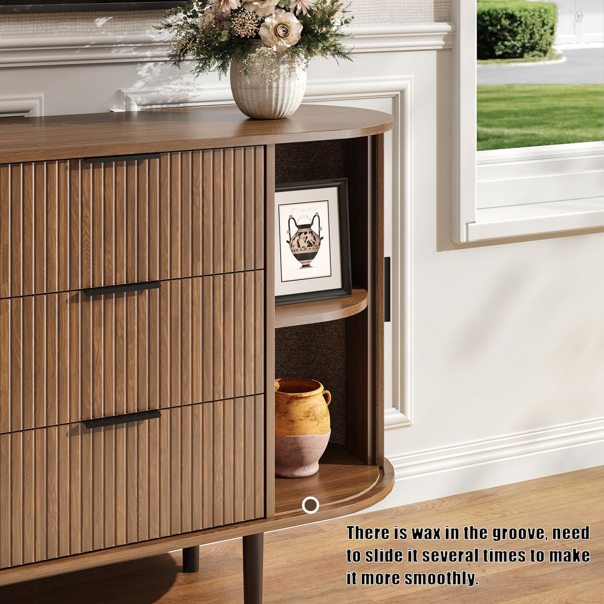 BVIUNTWO Fluted 6 Drawer Dresser, 63" Wide Modern Chest of Drawers with Metal Handle, Curved Edge Design, Wood Storage Credenza Cabinet for Bedroom,Living Room, Brown BVIUNTWO