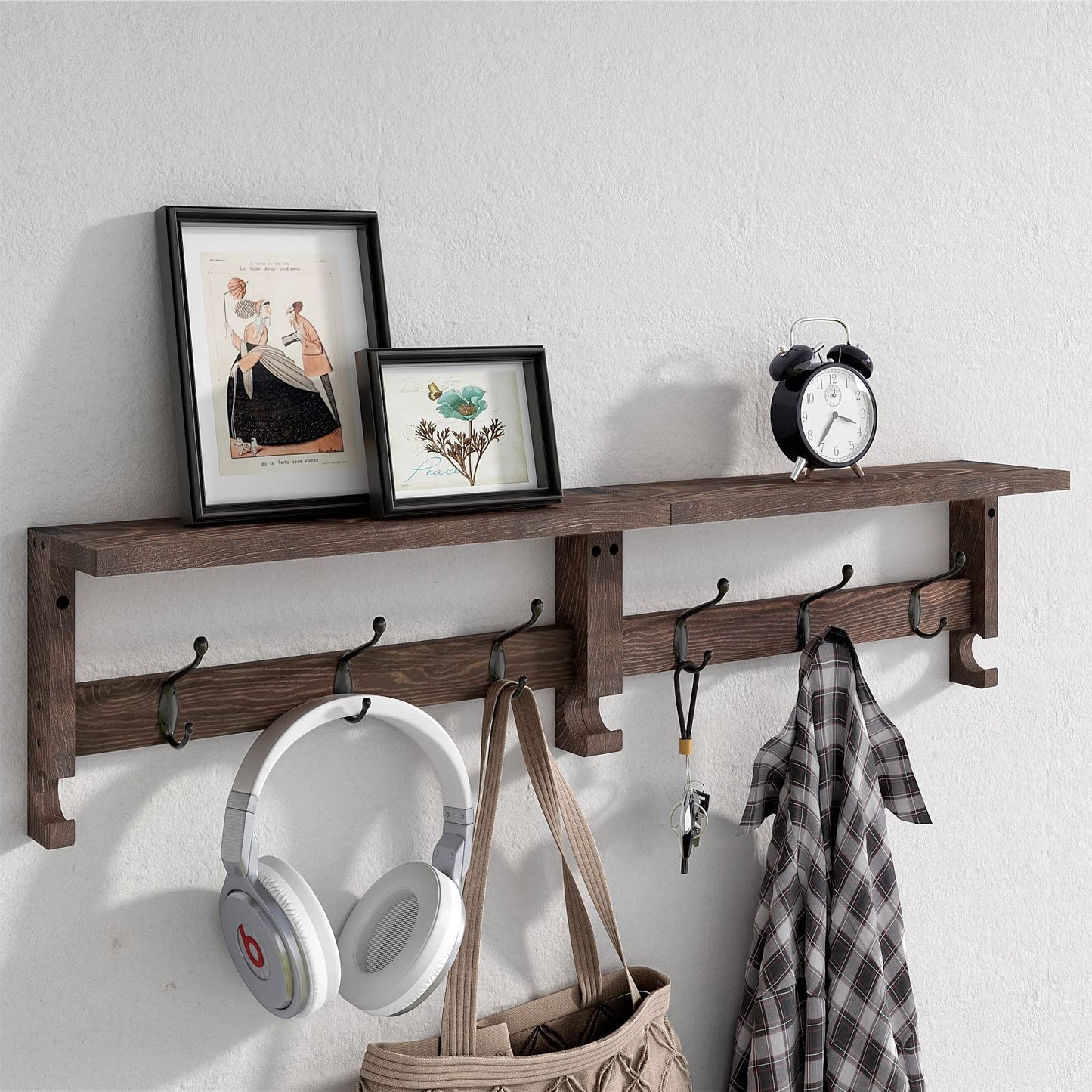 VERTORGAN Coat Hooks, Wood Rack Wall-Mounted, 31.5 Inch Entryway Shelf with 10 Hooks (Brown)