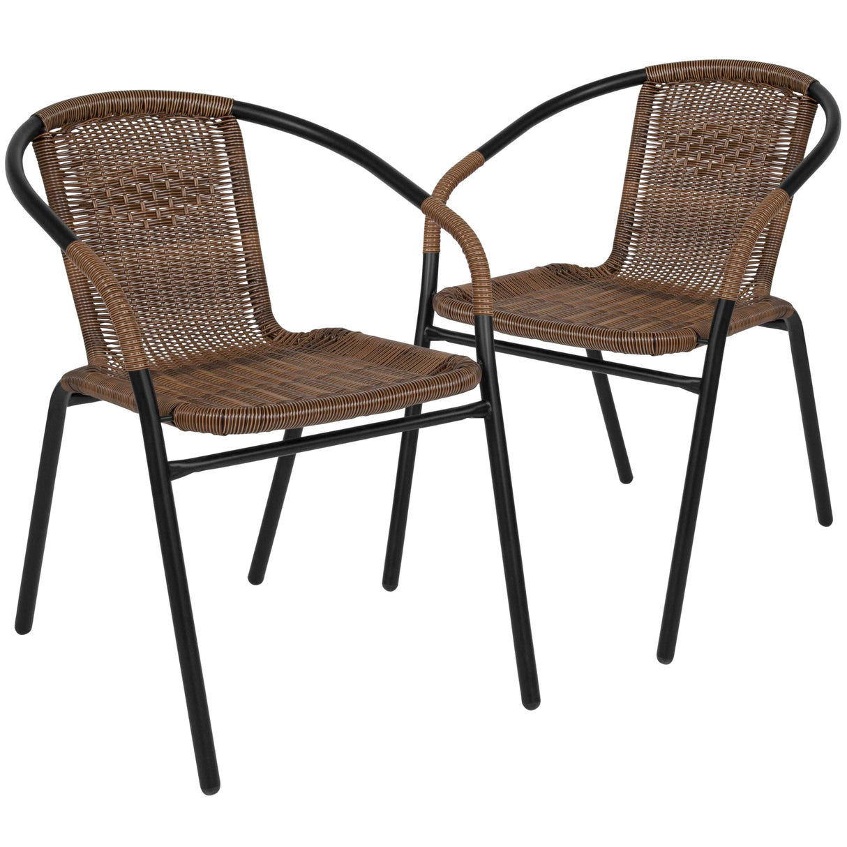 EMMA + OLIVER 2 Pack Medium Brown Rattan Indoor-Outdoor Restaurant Stack Chair EMMA + OLIVER