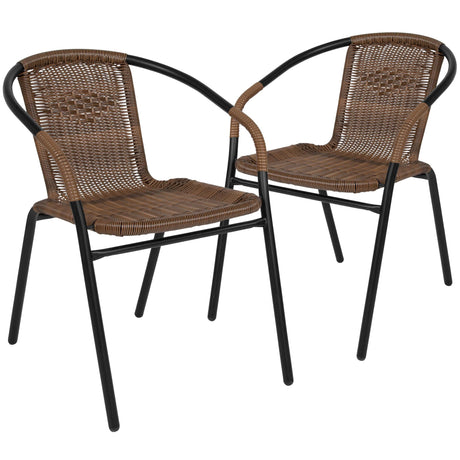 EMMA + OLIVER 2 Pack Medium Brown Rattan Indoor-Outdoor Restaurant Stack Chair EMMA + OLIVER