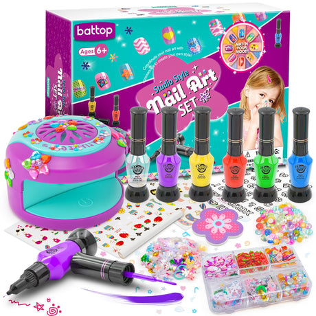 BATTOP Kids Nail Art Kit for Girls Ages 7-12 with Nail Dryer & 2 in 1 Water Based Nail Polish Pen & 3D Decoration & Sticker and Nail Flier - Idea Birthday Gifts for Girls 7 8 9 10 11 12 BATTOP