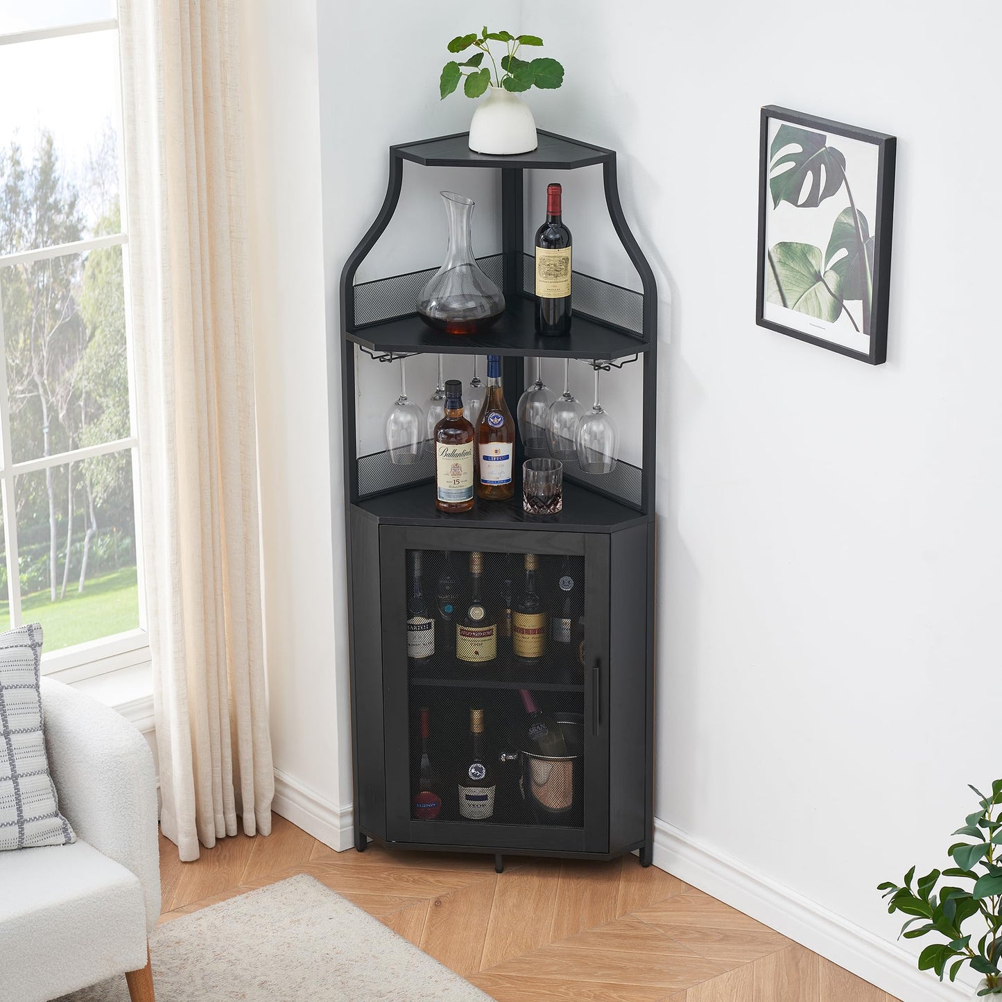 IDEALHOUSE Corner Bar Cabinet, Wine Bar Cabinet with Large Storage Space and Detachable Wine Rack, Wine Cabinets with Glass Holder and Mesh Door for Dining Room, Living Room, Kitchen (Black) - WoodArtSupply