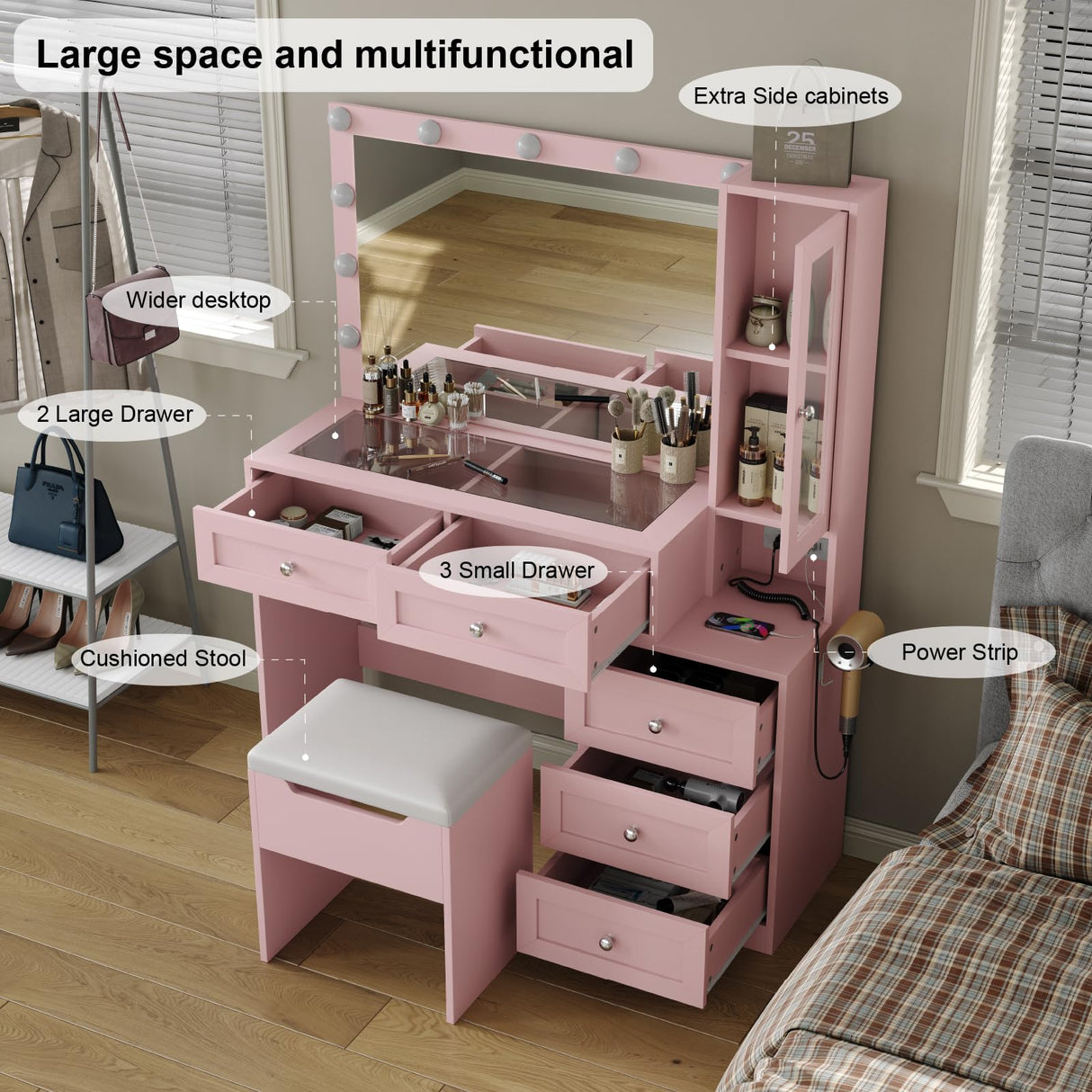 CollaredEagle 43" W Vanity Desk with Mirror & 11 Lights, 5 Drawer Modern Makeup Desk with Glass top & Cushioned Stool, 3 Lighting Modes Brightness Adjustable,Power Outlet,Bedroom，Pink CollaredEagle