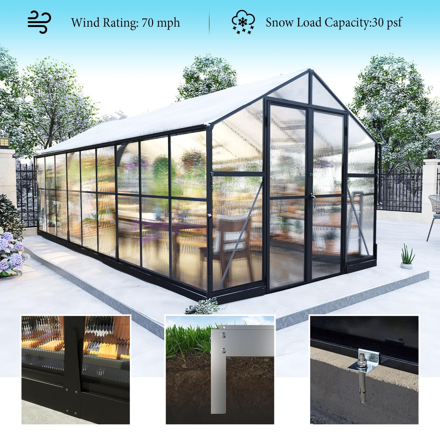 AMERLIFE 8x18x7FT Polycarbonate Greenhouse, Walk in Greenhouse with Quick-Connect System, Green House with 4 Vent Windows and swing lockable door, Greenhouses for Outdoors, Sunroom Black