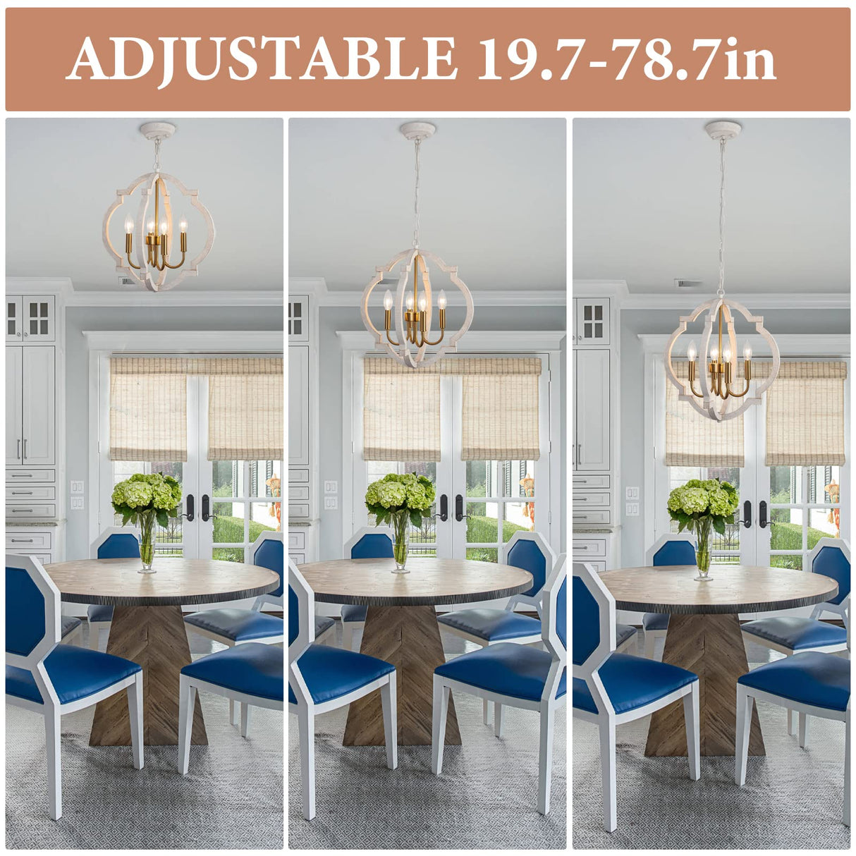 Rustic Farmhouse Chandelier 4 Light Vintage Gold and White Orb Wood Chandelier Hanging Light Fixtures Retro Flush Mount Ceiling Pendant Light for Dining Room Living Room Kitchen Entryway Hallway ASHUAQI