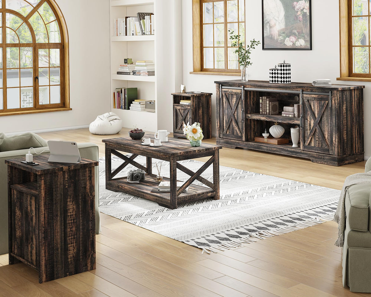 AMERLIFE 4-Piece Farmhouse Table Set Includes Sliding Barn Door TV Stand, Coffee Table& Two End Tables, Side Table with Charging Station and USB Ports, for Living Room, Dark Oak, 66" AMERLIFE
