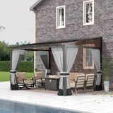 Gotland 10FTx12FT Outdoor Wall-Mounted Hardtop Pergola, Metal Frame Gazebo with Sloping Sun Panel Roof and Double Curtains for Patio, Garden, Lawn, Grey Gotland