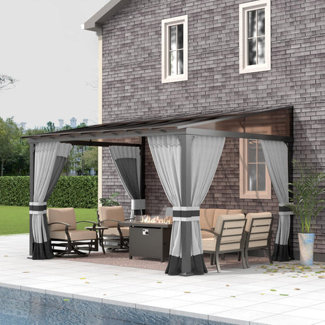 Gotland 10FTx12FT Outdoor Wall-Mounted Hardtop Pergola, Metal Frame Gazebo with Sloping Sun Panel Roof and Double Curtains for Patio, Garden, Lawn, Grey Gotland