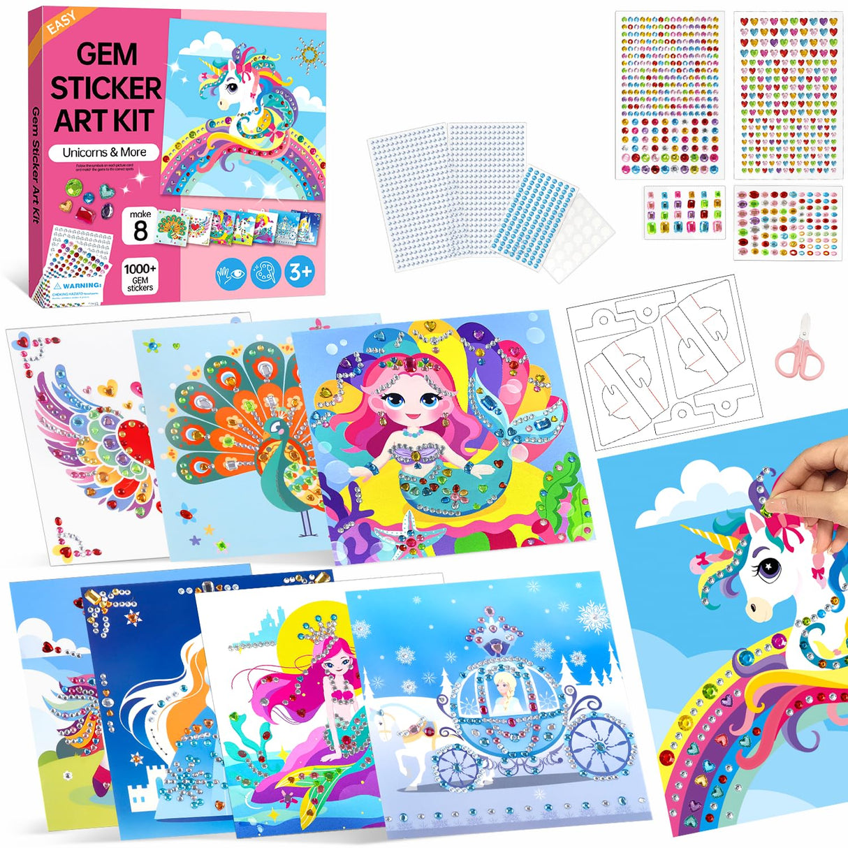 Marlrin Gem Sticker Kit for Kids, 8 Unicorn Princess Themes, Crafts Kits for Girls Ages 4-8, Arts & Crafts Toys, Diamond Art Kits for Kids - Birthday and Christmas Gift for Girls Ages 3, 4, 5, 6, 7, 8 Marlrin