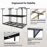 FLEXIMOUNTS 4x8 2-Tier Overhead Garage Storage Rack – Adjustable Heavy Duty Metal Garage Ceiling Storage Racks, 1000 lbs Capacity – Garages Organization System for 10–15 ft Tall Garages, Black FLEXIMOUNTS