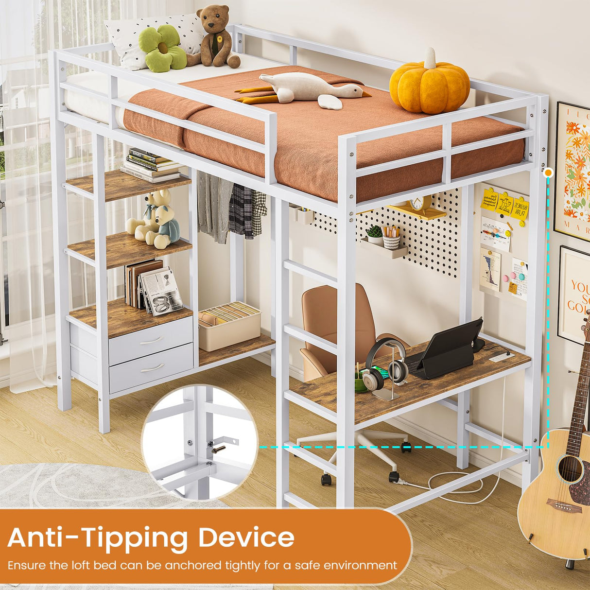 Hasuit Metal Loft Bed Twin Size with Desk and Charging Station White Twin Loft Bed with LED Lights, 4 Storage Shelves and 2 Fabric Drawers, Twin Size Loft Bed with Safety Guard, Clothes Rail & Ladder Hasuit