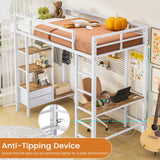 Hasuit Metal Loft Bed Twin Size with Desk and Charging Station White Twin Loft Bed with LED Lights, 4 Storage Shelves and 2 Fabric Drawers, Twin Size Loft Bed with Safety Guard, Clothes Rail & Ladder Hasuit