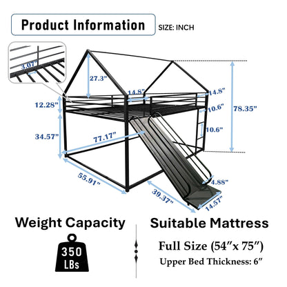 UOCFYK Full Over Full Bunk Bed with Slide for Kids, Metal Bunk Bed Frame with Roof Design and Full-Length Guardrail, Ladder, House Bed for Boys and Girls, No Box Spring Needed, Black