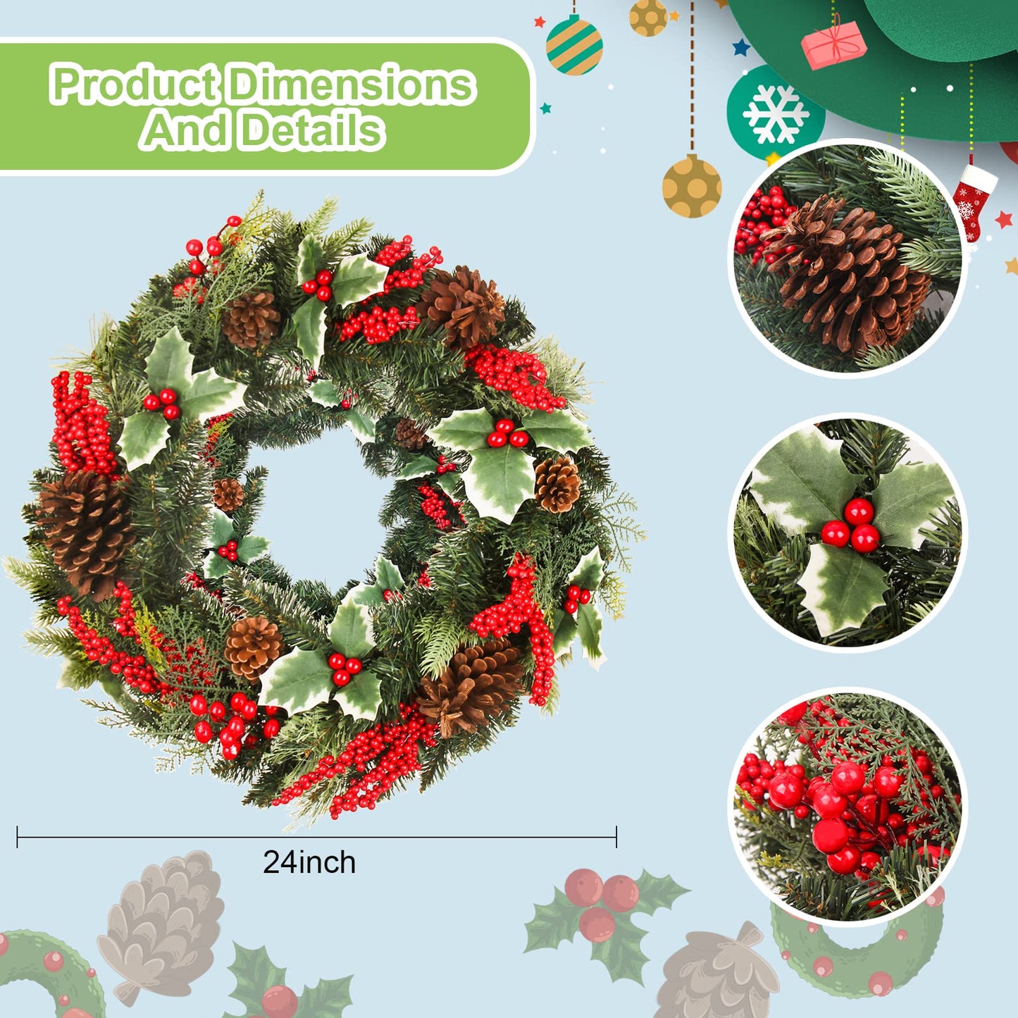 Christmas Wreath Front Door 24 Inch Artificial Christmas Wreath with Berry and Pine Branches Christmas Decorations Indoor and Outdoor Holiday Decorations