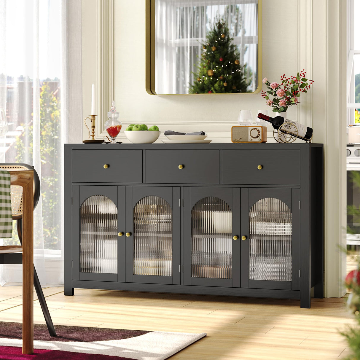 finetones Buffet Cabinet with Storage, 55.1" Large Sideboard Buffet Cabinet, Farmhouse Kitchen Cabinet Display Cabinet with 3 Drawers and 4 Doors, Wood Coffee Bar Cabinet for Kitchen, Black finetones
