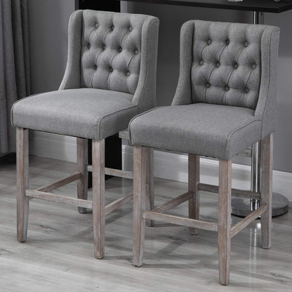 HOMCOM 26.25" Counter Height Bar Stools, Tufted Wingback Armless Upholstered Dining Chair with Rubber Wood Legs, Set of 2, Gray - WoodArtSupply