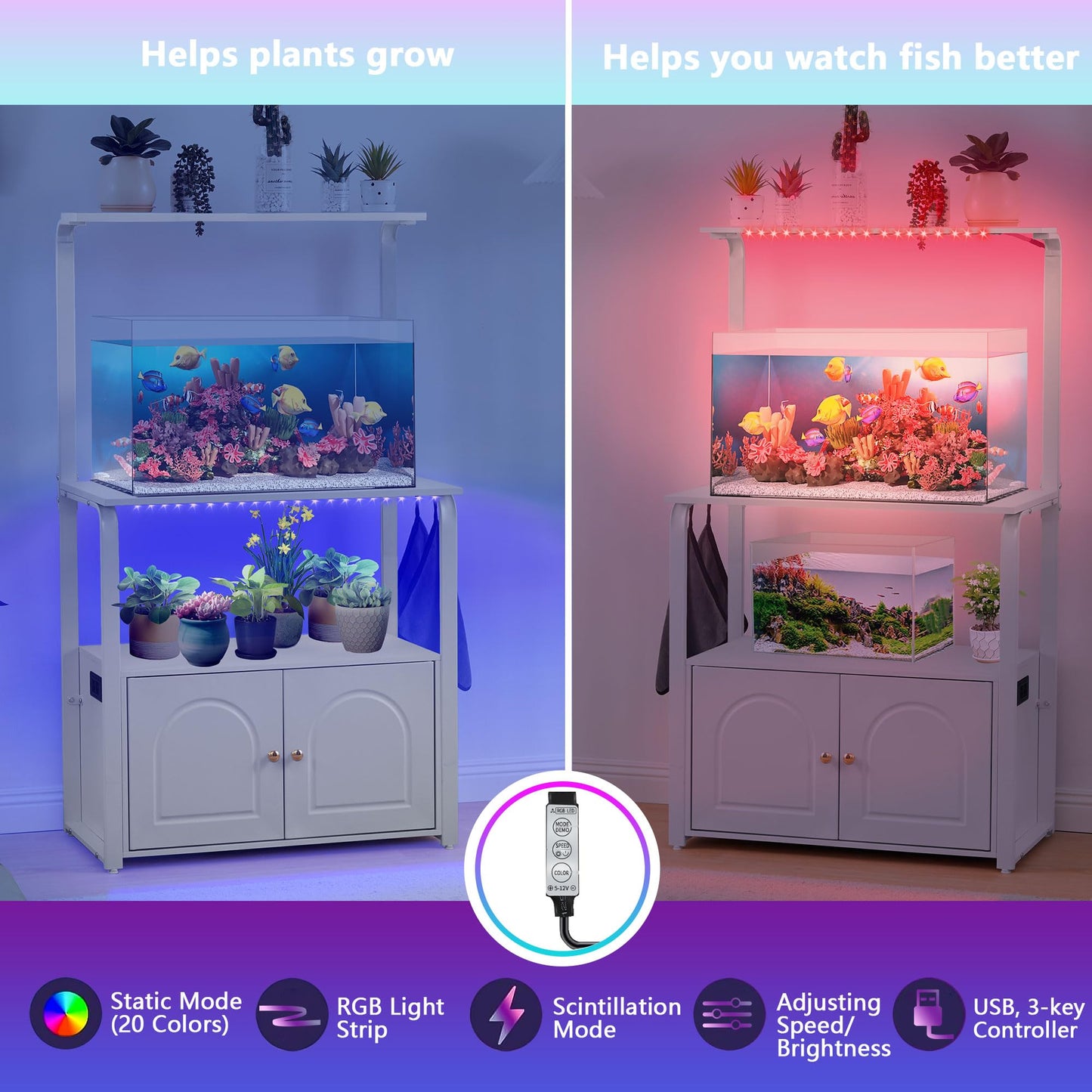 affeivul 40 Gallon Fish Tank Stand with Storage Cabinet, 5-10 Gallon Fish Tank Stand, Aquarium Stand 20 Gallon with Power Outlets and Led Light, Turtle/Breeder/Reptile Tank Stand - 458 LBS，White