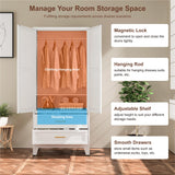 YAUWOH Farmhouse Wardrobe Cabinet with 2 Drawers,Metal Wardrobe Closet with Hanging Rod,Metal Armoire with Adjustable Shelves for Bedroom,Living Room, Cloak Room,Office (White) YAUWOH