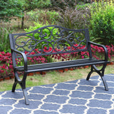 MFSTUDIO 50 Inches Outdoor Garden Bench, Cast Iron Metal Frame Patio Park Bench with Floral Pattern Backrest, Arch Legs for Porch Lawn Garden Yard(Black) MFSTUDIO
